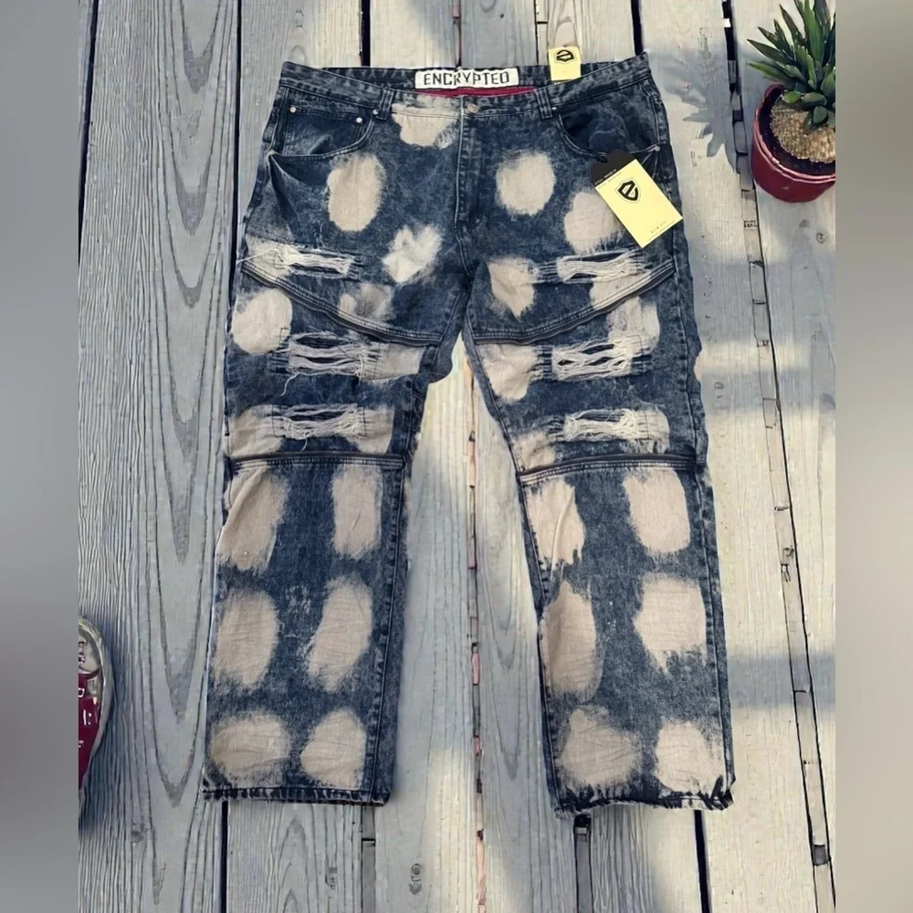 Encrypted Mens Distressed Bleach Wash Jeans NWT Ripped StreetwearTag Size 46x34
